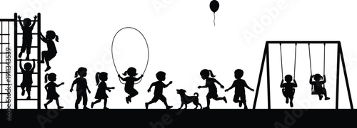Children playground silhouettes with swings, ladder climbing, running, jumping rope, balloon, and dog play scene outdoor activity illustration design