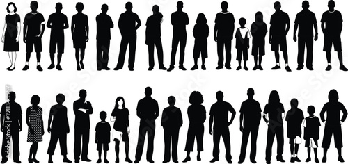 Diverse people silhouettes of men, women, and children standing together representing community, population, and social diversity illustration set design