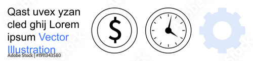 Finance, productivity, time management, economics, efficiency, automation. Dollar sign, clock face gear. Finance and productivity concepts highlighted through clear symbolic