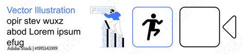 Business strategy, website navigation, performance tracking, analytics, growth, user interface. Man analyzing bar chart, running icon direction symbols. Business growth and navigation visuals