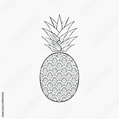Stylized monochrome pineapple illustration featuring intricate scale patterns and spiky crown leaves, perfect for summer designs