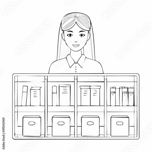 Smiling Woman Overseeing Organized Merchandise on Shelves, Ready for Customer Service