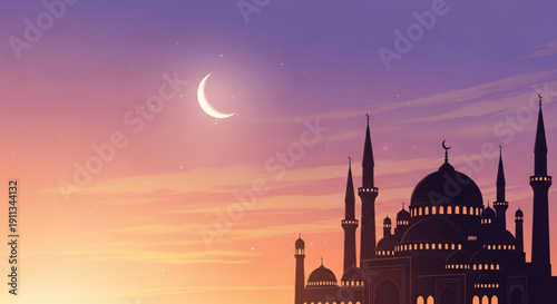 Mosque silhouette at sunset with crescent moon in purple pink and orange sky ramadan background