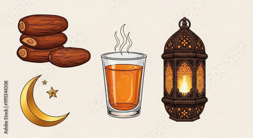 Ramadan kareem symbols with dates tea lantern crescent moon and stars on beige background for islamic holiday
