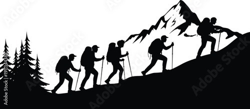 Black silhouette of hikers with backpacks climbing a steep mountain hill with pine trees landscape isolated on white background for design
