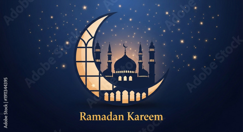 Ramadan kareem greeting card with mosque silhouette and crescent moon under starry night sky with warm golden light