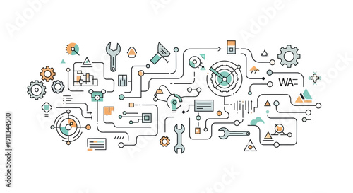 Complex Circuit Board with Various Tools and Icons.