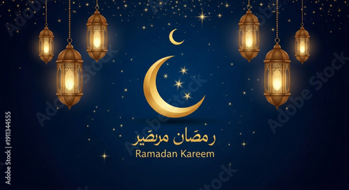 Ramadan kareem greeting with golden lanterns and crescent moon in night sky