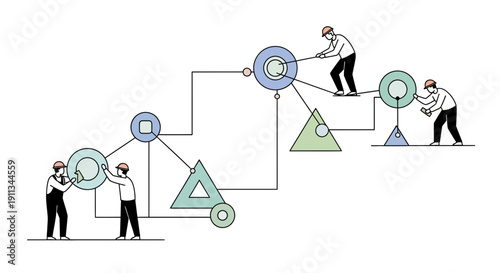 People Pushing Geometric Shapes into Place.