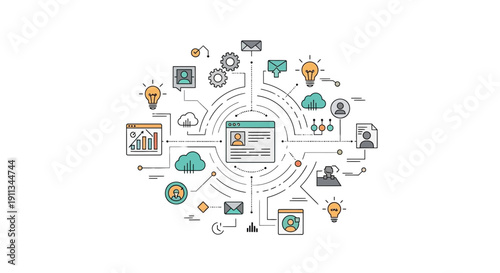 Digital Technology Icons Connected to Central Screen.