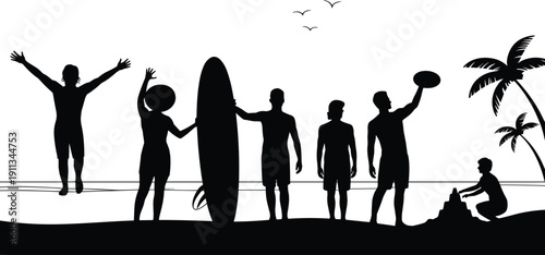 Black silhouette of people on tropical beach with surfboard palm trees and sandcastle isolated on white background for summer design