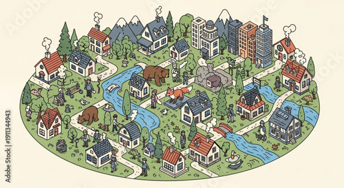 Illustration of a vibrant eco friendly town with houses trees and winding rivers on a green landscape