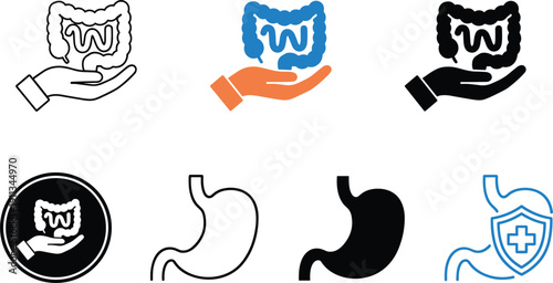 Intestine care and stomach protection icon set digestive health medical vector outline and solid illustration