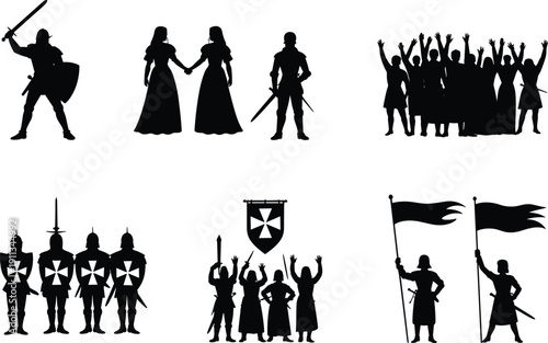 Black silhouette set of medieval knights with swords and shields crusaders in armor with flags and queens isolated on white