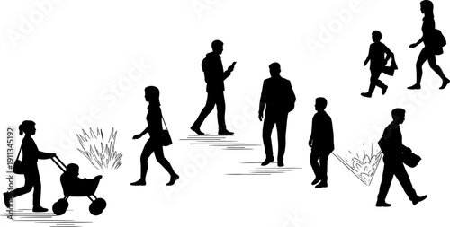 Black Silhouette Set of People Walking with Baby Stroller and Students for Architectural Visualization Urban Street Scene and Vector Illustration