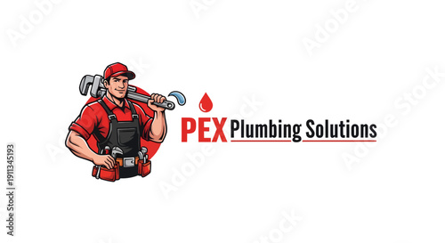 PEX Plumbing Solutions logo with plumber and tools.