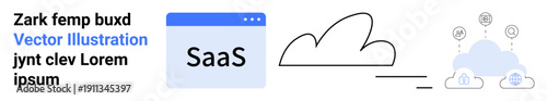 Cloud computing, SaaS technologies, digital networks, virtual collaboration, data management, online services. Minimalist cloud elements and tech symbols. Cloud computing and SaaS concepts