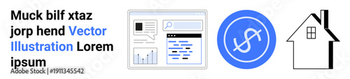 Data analytics, finance, real estate, online platforms, digital marketing, economy. Web dashboard, dollar sign home symbol. Data analytics and finance concept