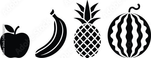 Collection of black fruit icons featuring apple, banana, pineapple, and watermelon silhouettes isolated on a plain white background for design
