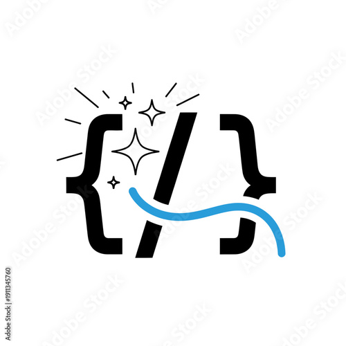 Coding Brackets with Magic Sparkle for AI Code Generation and Development Tool Flat Vector Illustration