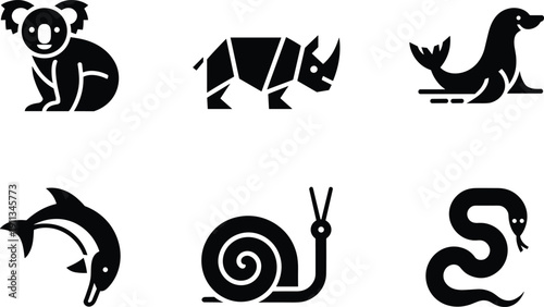 Collection of black geometric animal icons including koala rhino sea lion dolphin snail and snake for modern minimalist logo design vector