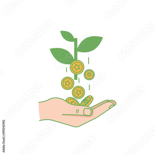 Dividend Payout Concept with Hand Receiving Coins from Growing Money Plant Flat Vector Illustration