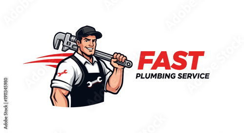 Plumber with wrench for fast plumbing service logo.