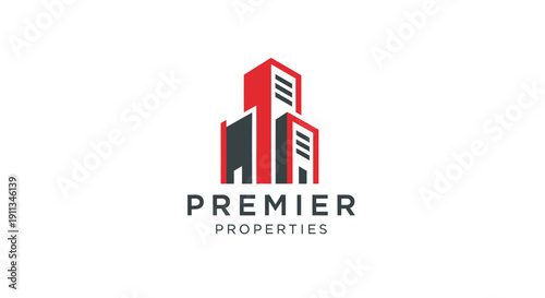 Premier Properties Logo with Modern Red and Gray Buildings.