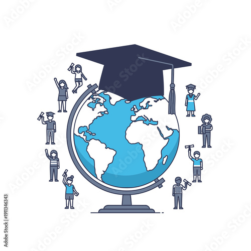 World Globe with Graduation Cap for International Student and Global Education Flat Vector Illustration