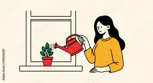 Woman watering a plant on a windowsill with a red watering can indoor gardening plant care home decor