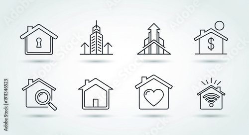 Collection of real estate and home icons in line art style.