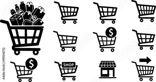 Shopping cart icon set. Full and empty shopping cart symbol shop and sale icon. Vector diferends black shopping cart icons set. Vector illustration in flat stile