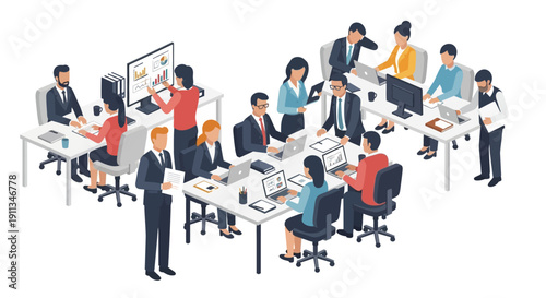 Office Workers at Workstations Collaborating.