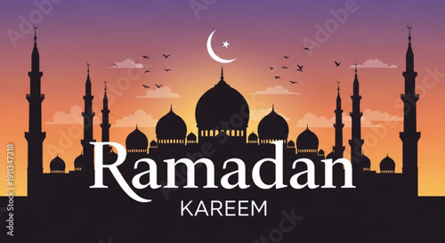 Ramadan kareem greeting card with mosque silhouette at sunset crescent moon and birds flying