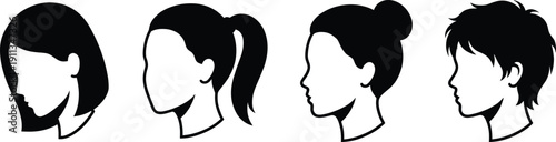 Set of four black female head profile silhouettes with various hairstyles, beauty salon vector avatar collection isolated on transparent background.