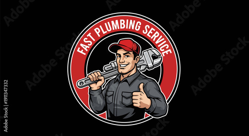 Professional Plumber with Wrench and Thumbs Up in a Circular Emblem.