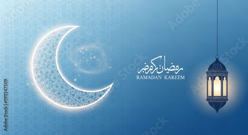 Ramadan kareem greeting card with crescent moon and lantern on blue background with arabic calligraphy