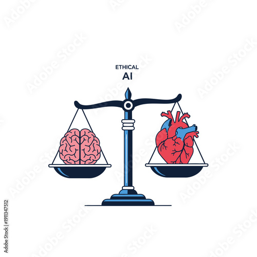 Scales of justice balancing a brain and heart for ethical AI and moral decision making.