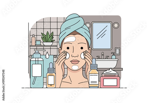 Woman applying beauty products to face in bathroom skincare routine with bottles lotions and mirrors clean design hygiene concept