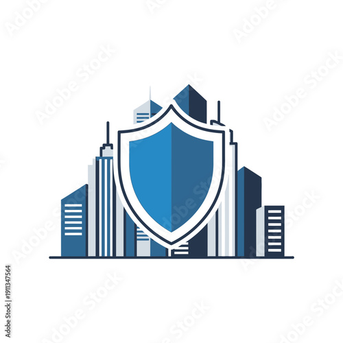 Shield icon protecting a city skyline for urban security and municipal defense system.