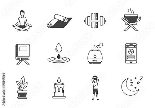Collection of Wellness Icons Representing Healthy Lifestyle Choices For Relaxation And Self Care On A Clean White Background