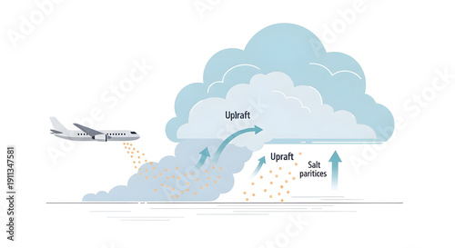 An airplane flying through clouds releasing precipitation with updrafts and solar radiation