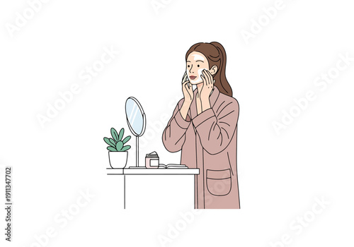 Young Woman Applying Facial Skincare Products With Cotton Pad In Front Of Mirror With Potted Plant Aromatic Home Wellness Routine