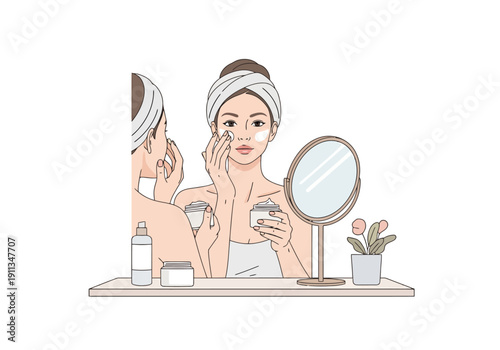 Young woman applying facial cream moisturizer looking in mirror with skincare products and plant nearby for personal care routine daily beauty