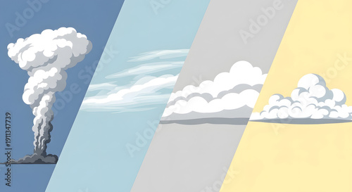 Diverse Cloud Formations From Smoke Plumes to Cumulus Varieties in a Stylized Illustration