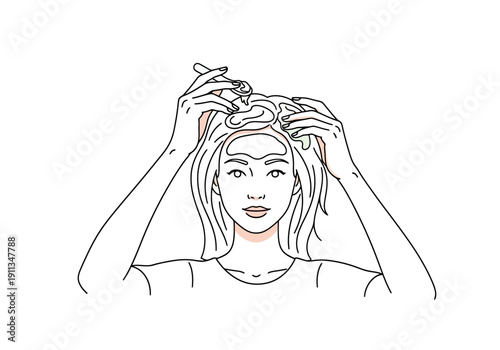 Woman Applying Hair Product With Hands For Styling And Treatment Concept