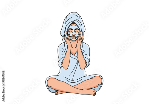 Skincare Routine Healthy Woman Relaxing Applying Facial Mask Treatment Wearing Towel Wrapped Hair Sitting Yoga Pose Comfortable Home Wellness Self