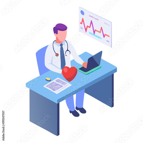 Doctor cardiologist sitting at desk and analyzing patient data. Heart health, cardiovascular healthcare vector illustration.