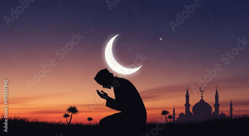 Man praying under crescent moon with mosque at sunset ramadan concept with serene silhouette