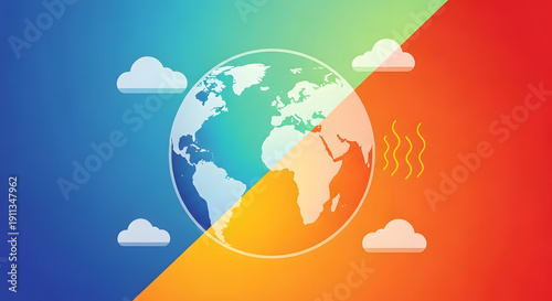 Global warming and climate change effects illustrated by a split globe showing contrasting environmental conditions with clouds and heat waves